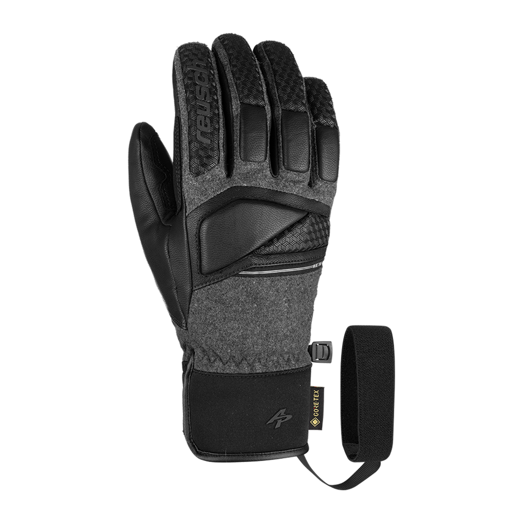 Front view of Reusch Alexis Pinturault GTX men’s gloves in black and grey with Gore Grip technology.