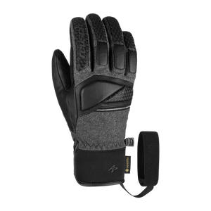 Front view of Reusch Alexis Pinturault GTX men’s gloves in black and grey with Gore Grip technology.