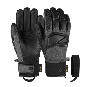 Front and back view of Reusch Alexis Pinturault GTX men’s gloves in black and grey with Gore-Tex grip technology.