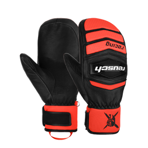 Racing fluo red winter gloves Reusch Worldcup Warrior Team Mitten 2.0, front and back view